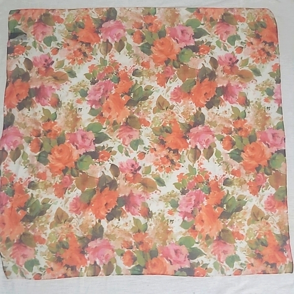 Square Scarf Floral Rose Print Pink Orange Green on white 30" x 30" - Picture 1 of 8